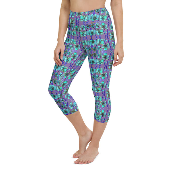 Purple Blue Capris Tights, Orchids Floral Print Pattern Women's Yoga Capri Leggings-Heidi Kimura Art LLC-Heidi Kimura Art LLC