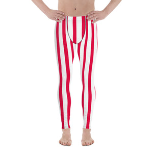 Red & White Stripes Men's Running Leggings & Run Tights Meggings Activewear-Men's Leggings-XS-Heidi Kimura Art LLC