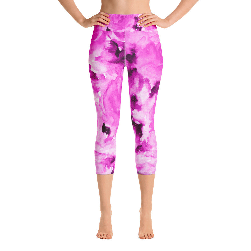 Hot Pink Rose Floral Print Capri Leggings Women's Yoga Pants - Made in USA (XS-XL)-capri yoga pants-XS-Heidi Kimura Art LLC