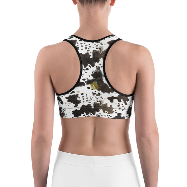 White Brown Cow Print Farm Animal Print Women's Sports Yoga Bra - Made in USA/ EU-Sports Bras-Heidi Kimura Art LLC
