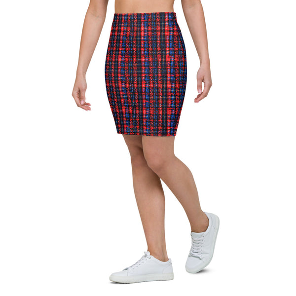 Red Plaid Print Pencil Skirt-Heidikimurart Limited -Heidi Kimura Art LLC