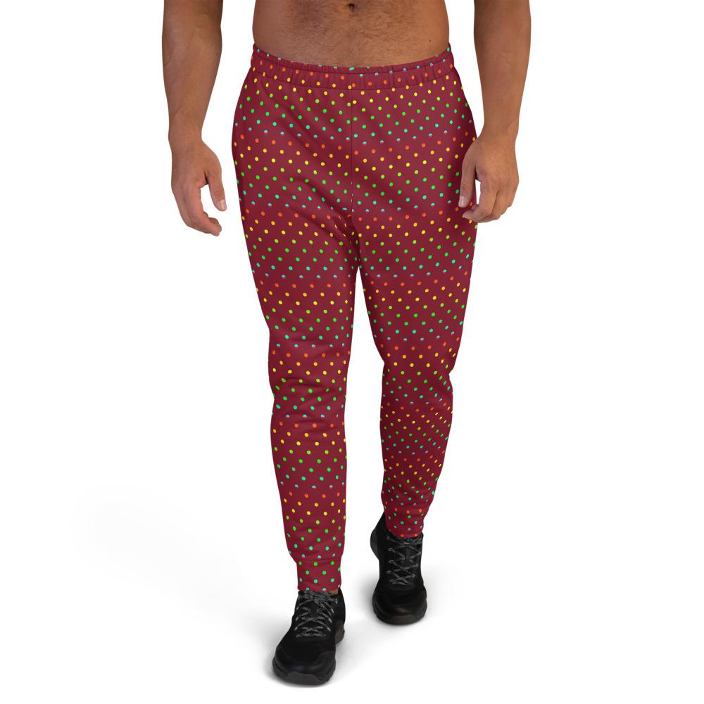 Dark Red Polka Dots Rainbow Print Men's Joggers-Made in EU (US Size: XS-3XL)-Men's Joggers-XS-Heidi Kimura Art LLC