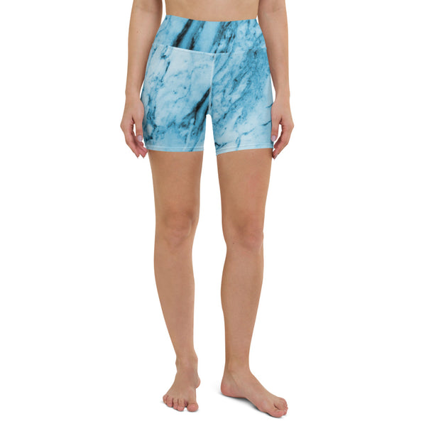 Blue Marble Yoga Shorts, Abstract Print Women's Shorts-Made in USA/EU-Heidi Kimura Art LLC-Heidi Kimura Art LLC