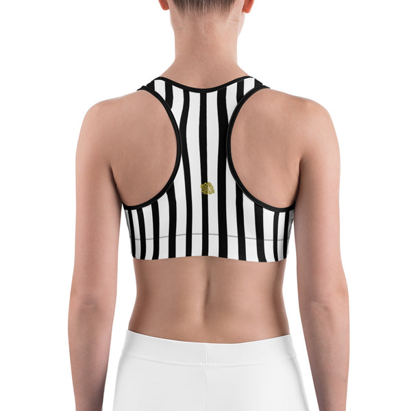 Black White Vertical Stripe Print Women's Sports Fitness Yoga Bra - Made in USA-Sports Bras-Heidi Kimura Art LLC