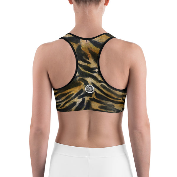 Tiger Stripe Brown Animal Print Women's Yoga Bra-Made in USA (US Size: XS-2XL)-Sports Bras-Heidi Kimura Art LLC