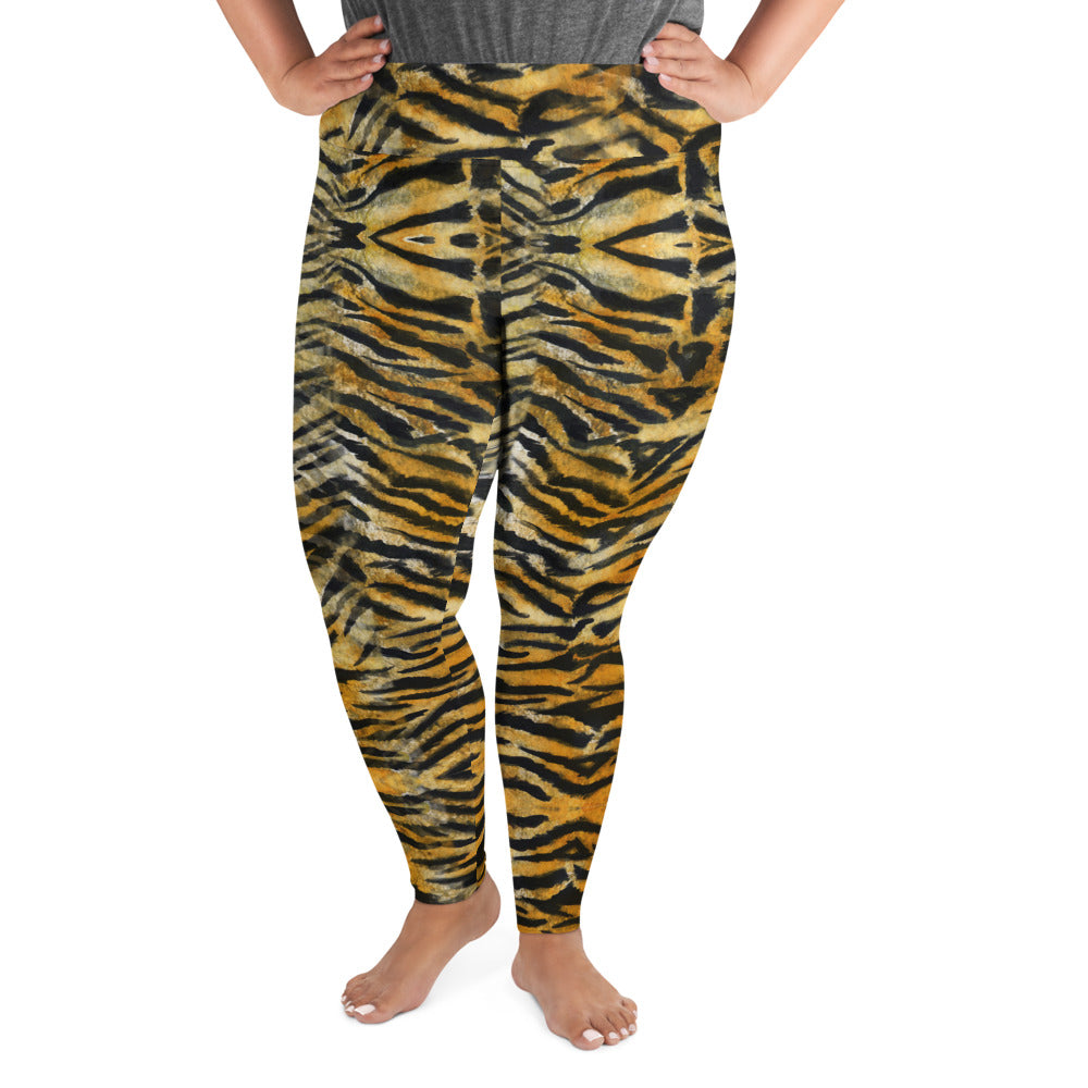 Orange Tiger Plus Size Leggings, Animal Stripe Print Women's Yoga
