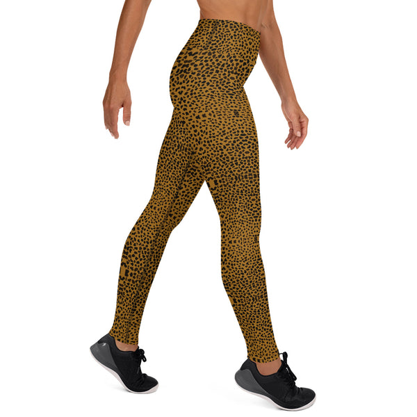 Brown Cheetah Yoga Leggings, Animal Print Women's Fitness Tights-Made in USA/EU-Heidi Kimura Art LLC-Heidi Kimura Art LLC