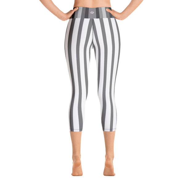 White Gray Vertical Striped Women's Yoga Capri Pants Leggings-Capri Yoga Pants-Heidi Kimura Art LLC White Gray Vertical Striped Tights, White Gray Vertical Striped Women's Yoga Capri Pants Leggings With Pockets Plus Size Available- Made In USA/ EU/ MX (US Size: XS-XL)