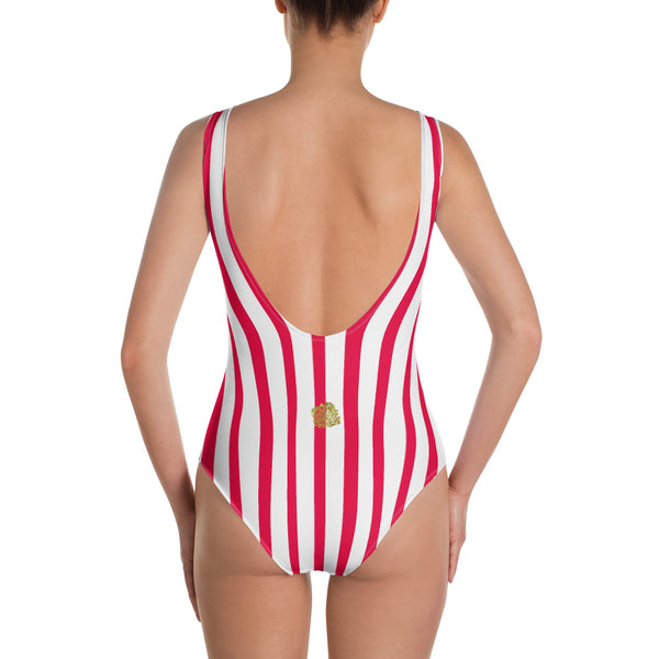 Red White Vertical Stripe Print Spandex Women's Swimsuit - Made in USA-One-piece swimwear-Heidi Kimura Art LLC