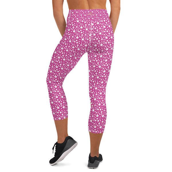 Pink White Star Print Pattern Women's Designer Yoga Capri Leggings- Made in USA/EU-Capri Yoga Pants-Heidi Kimura Art LLC