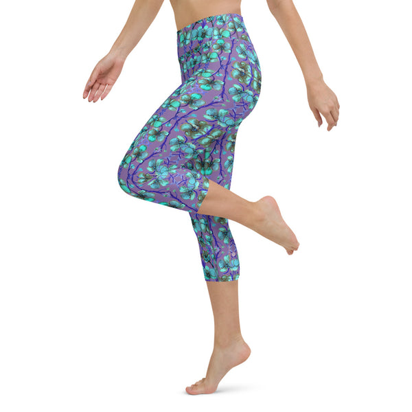 Purple Blue Capris Tights, Orchids Floral Print Pattern Women's Yoga Capri Leggings-Heidi Kimura Art LLC-Heidi Kimura Art LLC