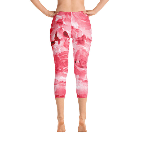Red Rose Floral Designer Capri Leggings Women's Activewear Pants - Made in USA-capri leggings-XS-Heidi Kimura Art LLC