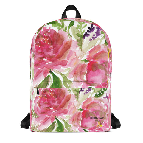 Pink Watercolor Rose Floral Print Medium Size (Fits Most 15" Laptops) Backpack-Made in USA/EU-Backpack-Heidi Kimura Art LLC