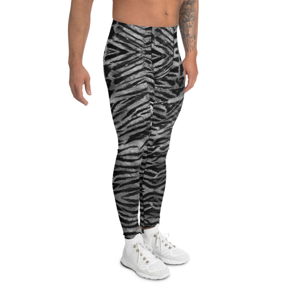 Grey Tiger Stripe Men's Leggings, Animal Print Meggings Compression Tights-Made in USA/EU-Heidi Kimura Art LLC-Heidi Kimura Art LLC