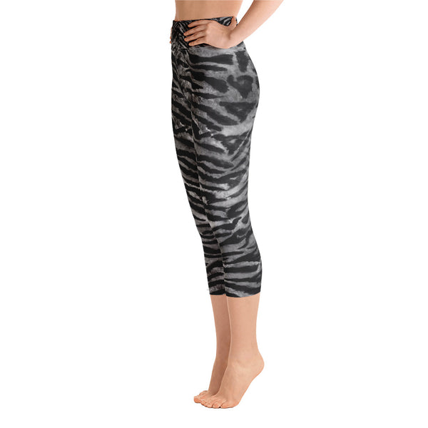 Gray Tiger Striped Women's Capri Sports Leggings Yoga Pants - Made in USA-Capri Yoga Pants-Heidi Kimura Art LLC
