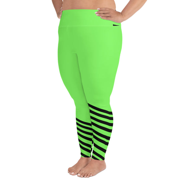 Neon Green Black Diagonal Stripe Women's Elastic Plus Size Leggings - Made in USA-Women's Plus Size Leggings-Heidi Kimura Art LLC