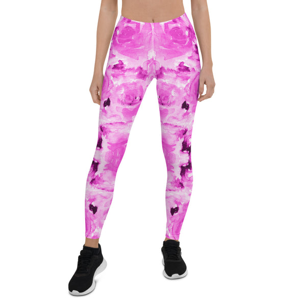 Pink Rose Floral Leggings, Abstract Print Women's Tights-Made in USA/EU-Heidi Kimura Art LLC-Heidi Kimura Art LLC