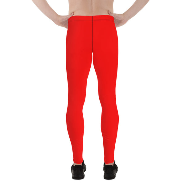 Red Hot Solid Color Men's Running Leggings Meggings Activewear- Made in USA/EU-Men's Leggings-Heidi Kimura Art LLC