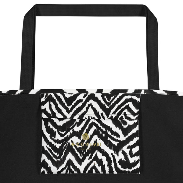Modern Black White Zebra Animal Pattern Print Large Tote 16"x20" Beach Bag- Made in USA/EU-Beach Tote Bag-Heidi Kimura Art LLC
