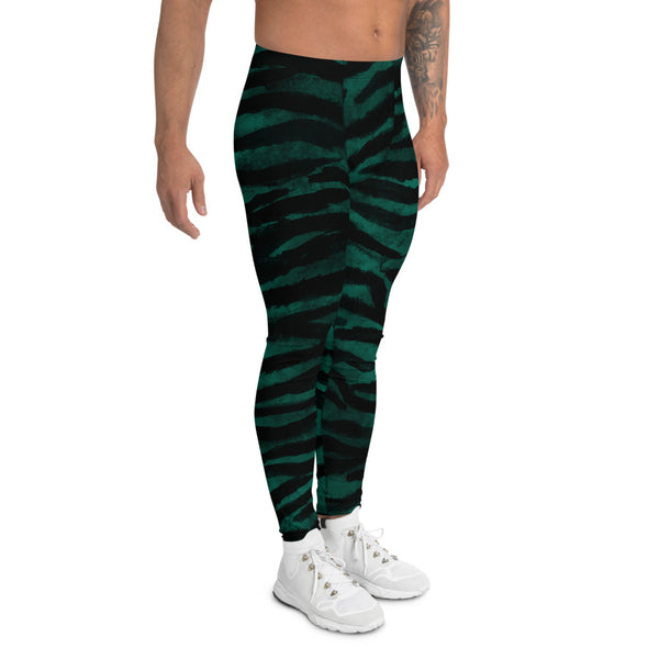 Green Tiger Stripe Men's Leggings, Tiger Animal Print Meggings Tights-Heidi Kimura Art LLC-Heidi Kimura Art LLC