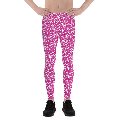 Pink White Star Pattern Print Premium Men's Leggings Compression Tights- Made in USA/EU-Men's Leggings-XS-Heidi Kimura Art LLC