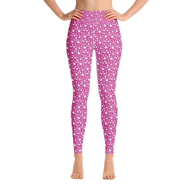 Pink White Stars Print Pattern Women's Designer Yoga Leggings Pants- Made in USA/EU-Leggings-Heidi Kimura Art LLC Pink White Stars Women's Leggings, Pink White Stars Print Pattern Premium Women's Active Wear Fitted Leggings Sports Long Yoga & Barre Pants, Sportswear, Gym Clothes, Workout Pants - Made in USA/ EU (US Size: XS-XL)