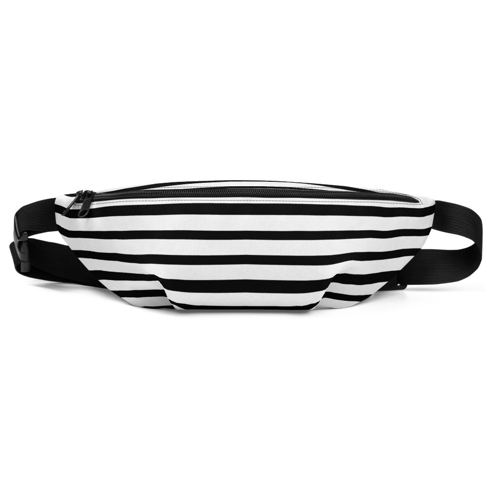 Horizontal Black White Striped Print Designer Festival Fanny Pack Belt Bag- Made in USA-Fanny Pack-S/M-Heidi Kimura Art LLC