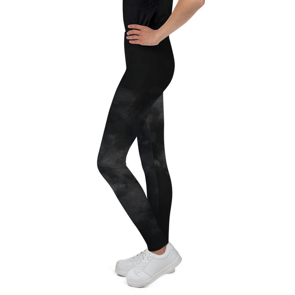 Black Abstract Youth's Leggings, Clouds Print Premium Youth Sports Tights-Made in USA-Youth's Leggings-Heidi Kimura Art LLC