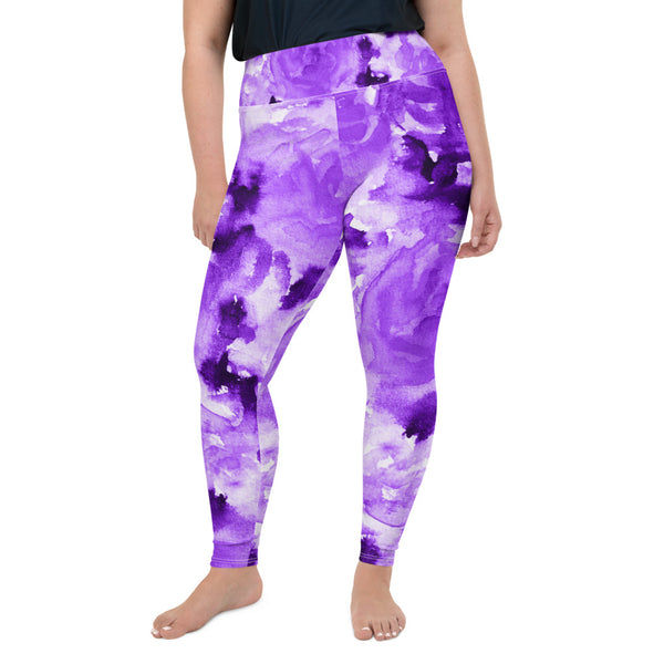 Purple Floral Plus Size Leggings, Abstract Flower Plus Size Leggings, Sporty Modern Women's Premium High Rise Ankle Length Plus Size Leggings - Made in USA/EU (US Size: 2XL-6XL)