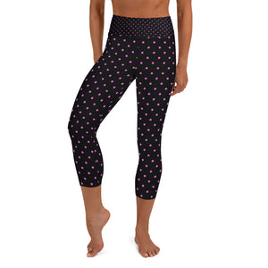 Pink Polka Dots Capri Leggings, Dots Print Black Women's Yoga Capris -Made in USA/EU-Capri Yoga Pants-XS-Heidi Kimura Art LLC