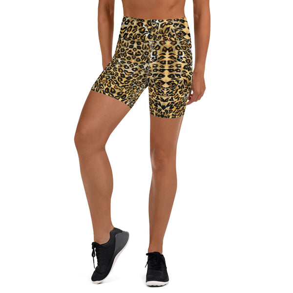 Leopard Animal Print Yoga Shorts, Premium Quality Women's High Waist Spandex Fitness Workout Yoga Shorts, Yoga Tights, Fashion Gym Quick Drying Short Pants With Pockets - Made in USA (US Size: XS-XL)