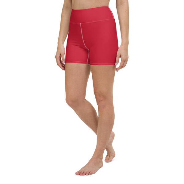 Red Women's Yoga Shorts, Red Solid Color Premium Quality Women's High Waist Spandex Fitness Workout Yoga Shorts, Yoga Tights, Fashion Gym Quick Drying Short Pants With Pockets - Made in USA/EU (US Size: XS-XL)