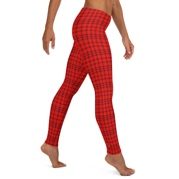 Red Plaid Print Leggings, Scottish Tartan Women's Tights-Made in USA/EU-Heidi Kimura Art LLC-Heidi Kimura Art LLC