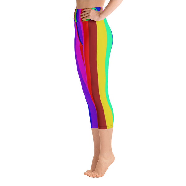 Rainbow Gay Pride Women's Yoga Capri Pants Leggings With Pockets - Made in USA-Capri Yoga Pants-Heidi Kimura Art LLC Rainbow Striped Capri Leggings, Rainbow Gay Pride Women's Yoga Capri Pants Leggings With Pockets Plus Size Available- Made In USA/EU (US Size: XS-XL)