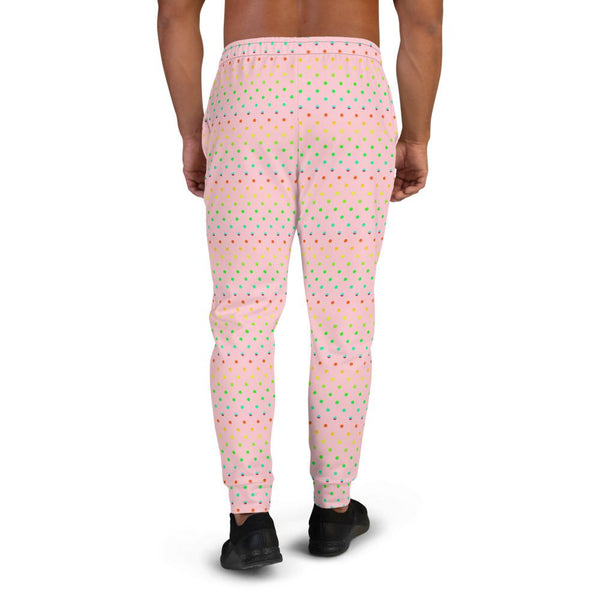 Light Pink Polka Dots Rainbow Print Premium Men's Joggers-Made in EU-Men's Joggers-Heidi Kimura Art LLC