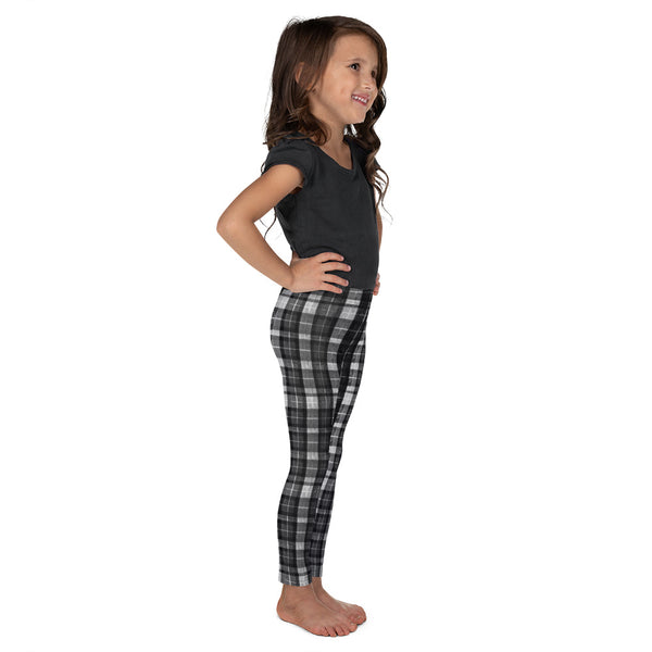 Black Plaid Print Designer Kid's Girl's Leggings Active Wear Pants (2T-7) Made in USA/EU-Kid's Leggings-Heidi Kimura Art LLC