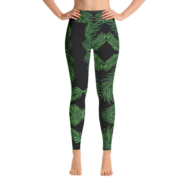 Black Tropical Leaf Print Yoga Leggings, Green Palm Leaf Women's Yoga Tights-Made in USA/EU-Heidi Kimura Art LLC-Heidi Kimura Art LLC