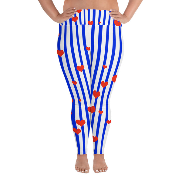 Patriotic Blue Stripe Print Women's High Waist Elastic Long Yoga Pants-Women's Plus Size Leggings-2XL-Heidi Kimura Art LLC