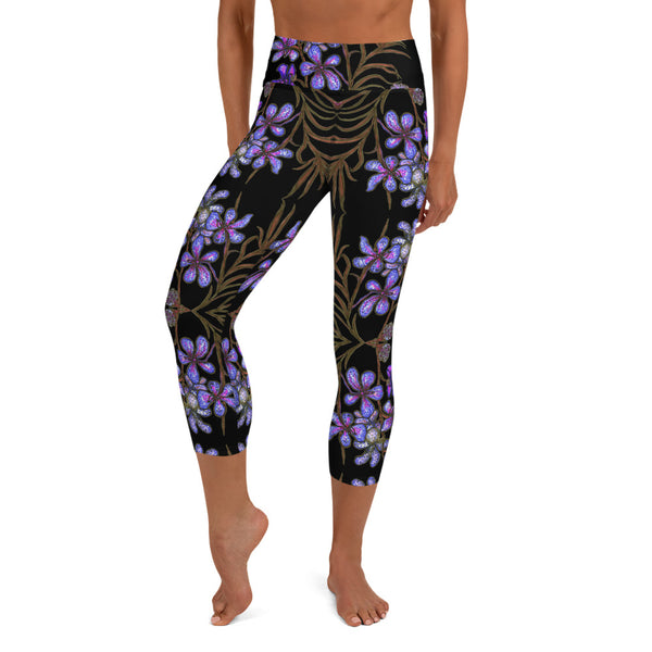 Violet Purple Yoga Capri Leggings, Orchids Floral Print Capris Tights-Made in USA/EU-Heidi Kimura Art LLC-Heidi Kimura Art LLC