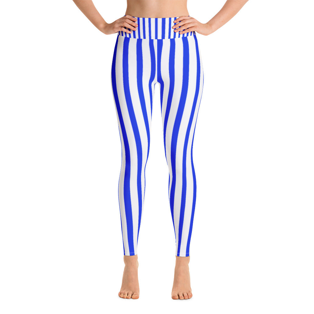 Women's Blue & White Striped Fitted Stretchy Long Yoga Leggings-Made in USA-Leggings-XS-Heidi Kimura Art LLC