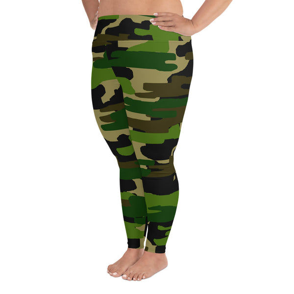 Green Military Camo Camouflage Print Women's Plus Size Leggings (US Size: 2XL-6XL)-Women's Plus Size Leggings-Heidi Kimura Art LLC