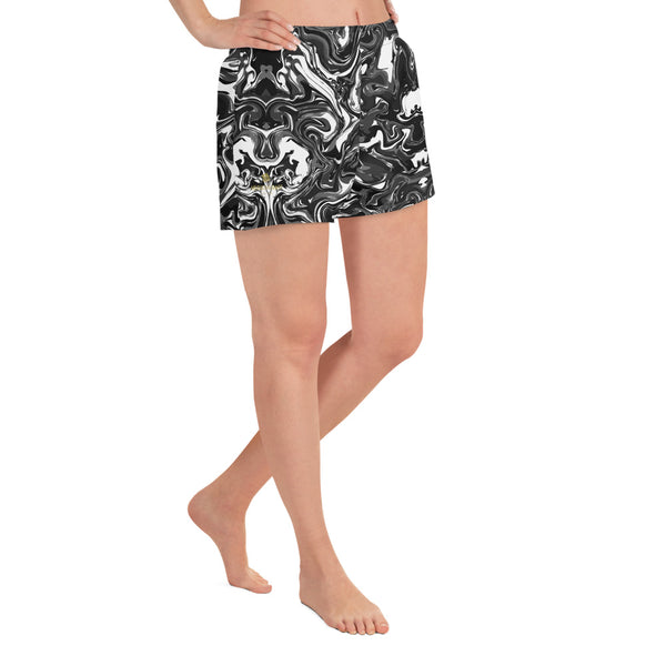 Marbled Women's Shorts, Black Marbled Print Athletic Short Pants-Made in EU-Heidi Kimura Art LLC-Heidi Kimura Art LLC Marbled Women's Shorts, Black Marbled Print Designer Best Women's Athletic Running Short Printed Water-Repellent Microfiber Individually Sewn Shorts With Elastic Waistband With A Drawstring And Mesh Side Pockets - Made in USA/EU (US Size: XS-3XL) Running Shorts Womens, Printed Running Shorts, Plus Size Available, Perfect for Running and Swimming 