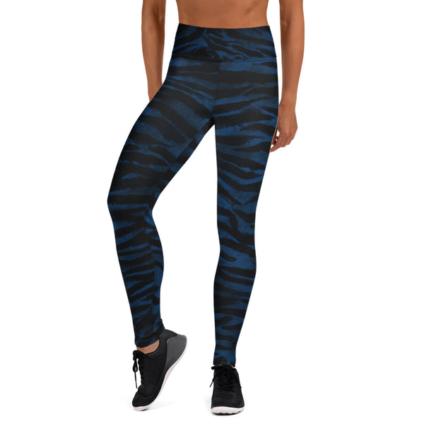Blue Tiger Striped Yoga Leggings, Animal Print Women's Long Fitness Gym Pants-Made in USA/EU-Heidi Kimura Art LLC-Heidi Kimura Art LLC