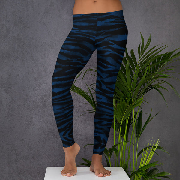 Blue Tiger Striped Women's Leggings-Heidikimurart Limited -Heidi Kimura Art LLC