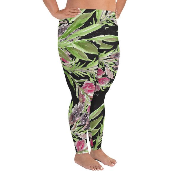 Lavender Plus Size Leggings, Black Floral Print Women's Long Yoga Pants-Made in USA/EU-Women's Plus Size Leggings-Heidi Kimura Art LLC