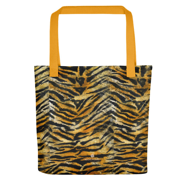 Tiger Stripe Print Tote Bag, Animal Print Pattern 15" x 15" Market Tote Bag - Made in USA/EU-Tote Bag-Yellow-Heidi Kimura Art LLC