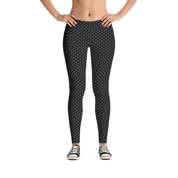 Black White Dots Women's Leggings, Casual Long Leggings-Made in USA/EU-Heidi Kimura Art LLC-Heidi Kimura Art LLC