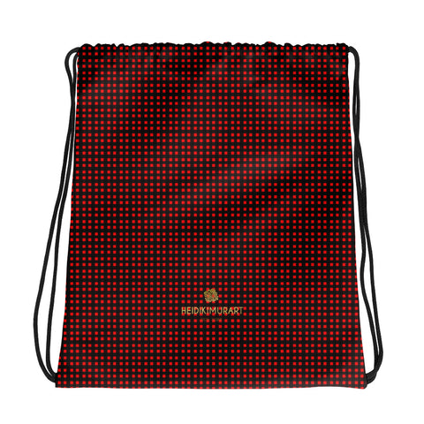 Red Buffalo Plaid Print Designer 15”x17” Drawstring Bag For Travel/ School- Made in USA/EU-Drawstring Bag-Heidi Kimura Art LLC