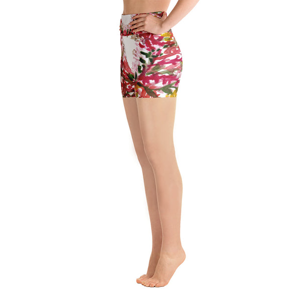 Red Floral Print Women's Yoga Shorts, Premium Short Workout Tights Pants, Made in USA/EU-Yoga Shorts-Heidi Kimura Art LLC