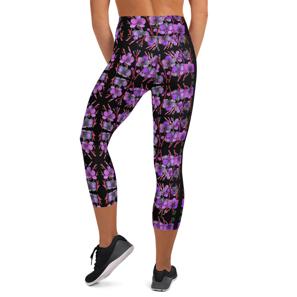 Purple Orchids Yoga Capri Leggings, Floral Print Women's Capris Tights- Made in USA/EU-Heidi Kimura Art LLC-Heidi Kimura Art LLC